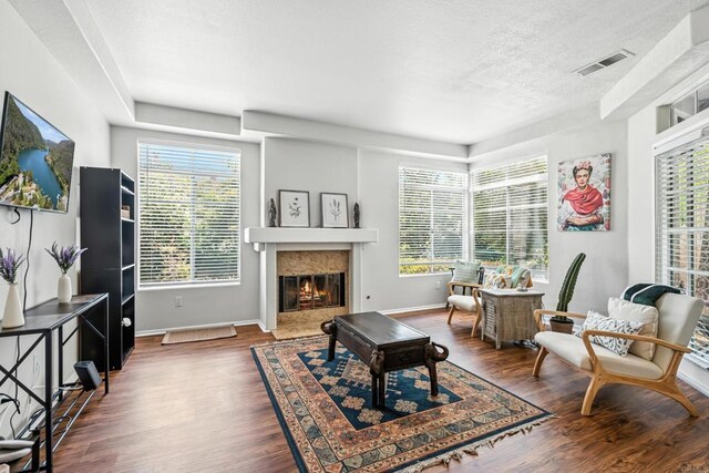 3428 Cameo Dr # 49, Oceanside, CA 92056 - living room featuring a fireplace, wood finished floors, healthy amount of natural light, and a textured ceiling