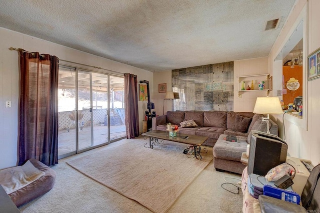 10151 Strathmore Dr, Santee, CA 92071 - living room with a textured ceiling, carpet floors, and wooden walls