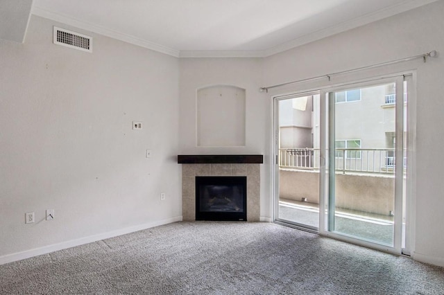 7677 Mission Gorge Rd Unit 148, San Diego, CA 92120 - unfurnished living room with ornamental molding, carpet flooring, and a tile fireplace