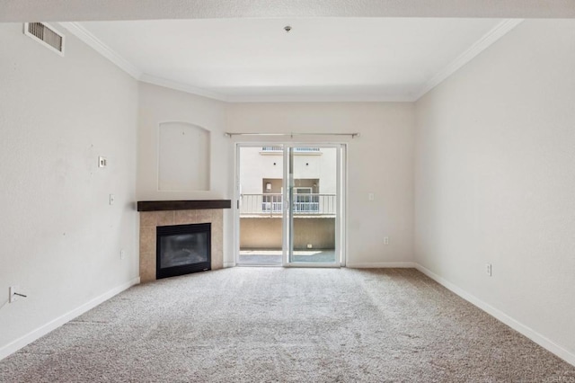 7677 Mission Gorge Rd Unit 148, San Diego, CA 92120 - unfurnished living room with crown molding, carpet, and a tile fireplace
