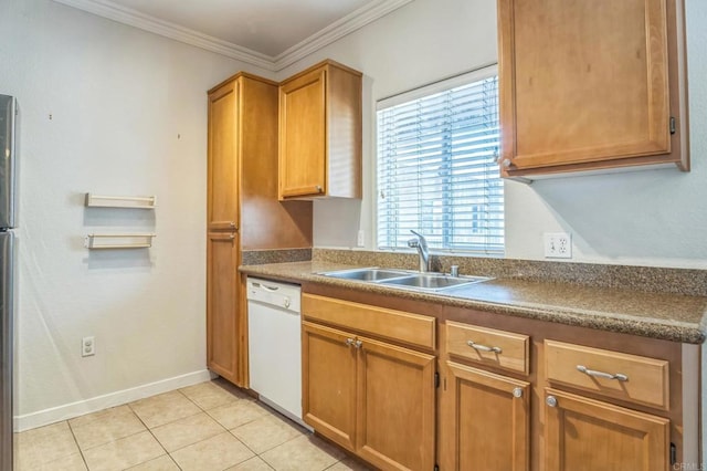7677 Mission Gorge Rd Unit 148, San Diego, CA 92120 - kitchen featuring white dishwasher, light tile patterned floors, crown molding, brown cabinetry, and dark countertops