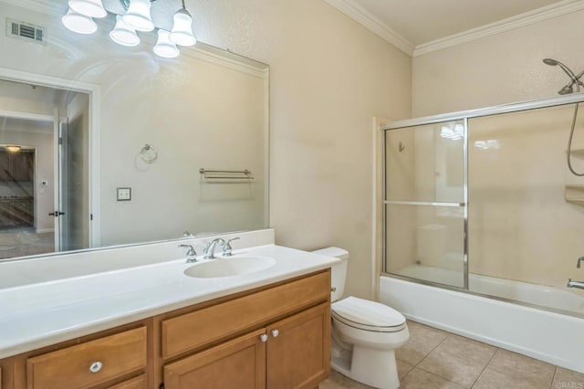 7677 Mission Gorge Rd Unit 148, San Diego, CA 92120 - bathroom with vanity, ornamental molding, shower / bath combination with glass door, and tile patterned floors