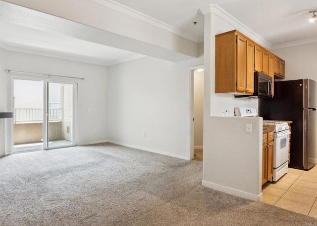 7677 Mission Gorge Rd Unit 148, San Diego, CA 92120 - kitchen with gas range gas stove, stainless steel microwave, ornamental molding, light colored carpet, and brown cabinetry