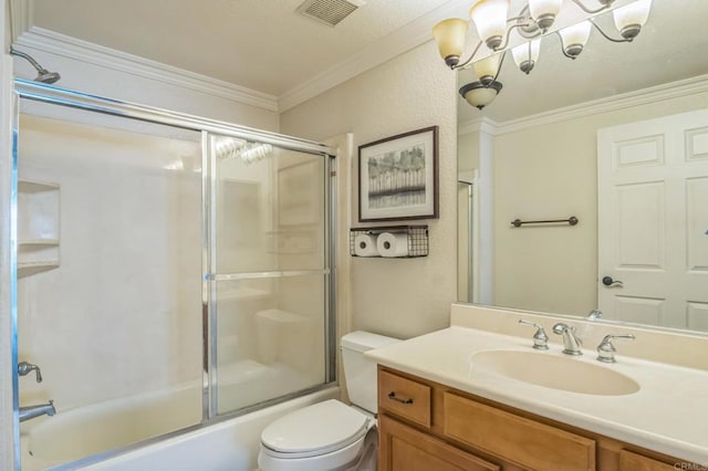 7677 Mission Gorge Rd Unit 148, San Diego, CA 92120 - full bathroom featuring vanity, combined bath / shower with glass door, ornamental molding, and a chandelier