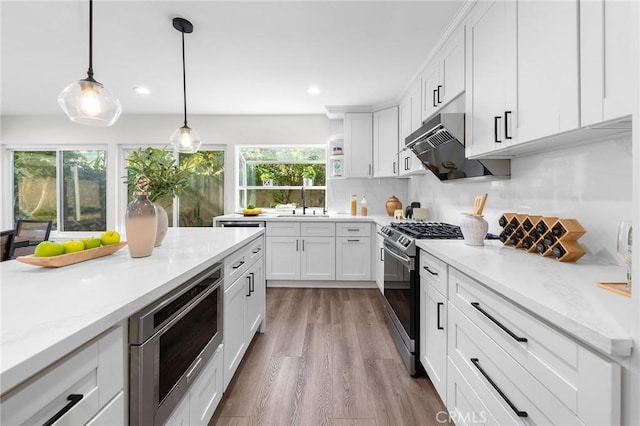 11685 Lakia Dr, Cypress, CA 90630 - kitchen featuring appliances with stainless steel finishes, under cabinet range hood, white cabinets, wood finished floors, and tasteful backsplash