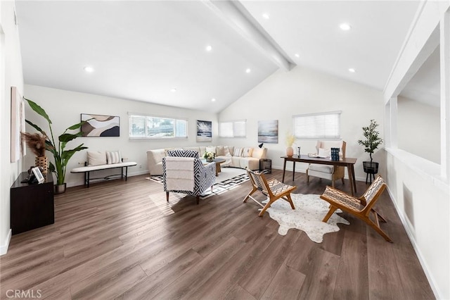 11685 Lakia Dr, Cypress, CA 90630 - living room with beamed ceiling, wood finished floors, recessed lighting, and high vaulted ceiling