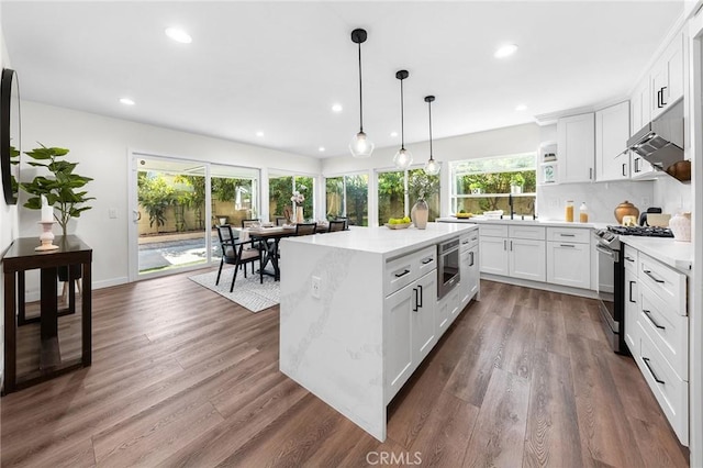 11685 Lakia Dr, Cypress, CA 90630 - kitchen with stainless steel appliances, recessed lighting, a center island, white cabinets, and open shelves