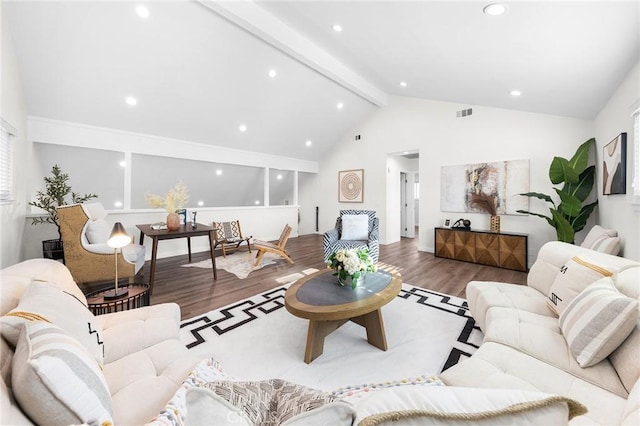 11685 Lakia Dr, Cypress, CA 90630 - living area with beamed ceiling, wood finished floors, recessed lighting, and high vaulted ceiling