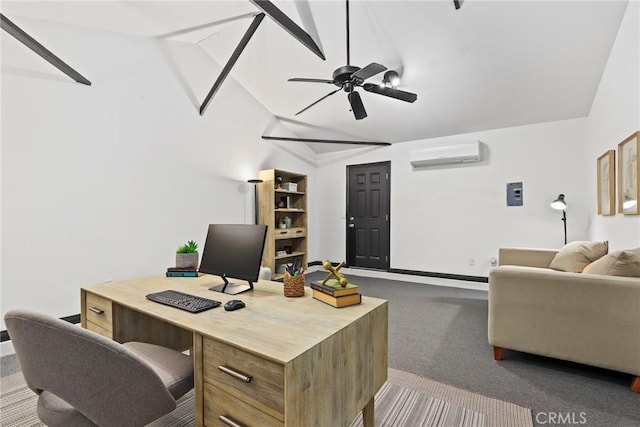 1742 253rd St, Lomita, CA 90717 - office featuring a wall unit AC, vaulted ceiling, dark colored carpet, and ceiling fan