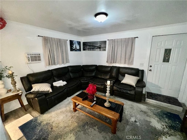 10945-10953 Campbell Ave, Riverside, CA 92505 - living area with a wall unit AC, ornamental molding, and unfinished concrete flooring