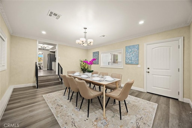 10210 Green St Unit 10210B, Temple City, CA 91780 - dining room with a chandelier, wood finished floors, ornamental molding, recessed lighting, and stairs