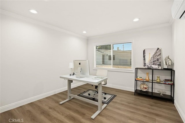 10210 Green St Unit 10210B, Temple City, CA 91780 - office area featuring a wall mounted AC, wood finished floors, crown molding, and recessed lighting