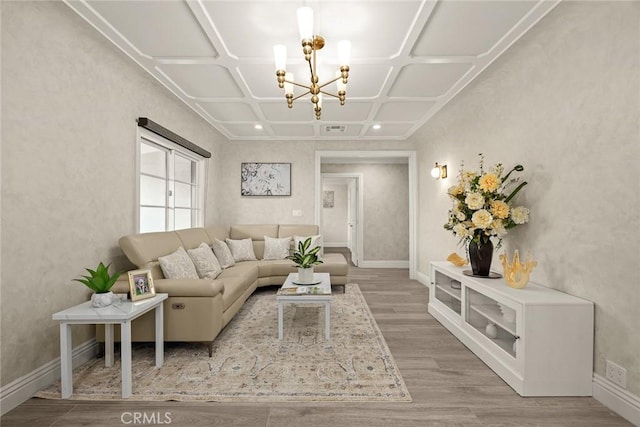 10210 Green St Unit 10210B, Temple City, CA 91780 - living area featuring a chandelier, wood finished floors, and coffered ceiling