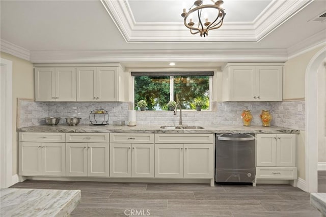 10210 Green St Unit 10210B, Temple City, CA 91780 - kitchen featuring dishwasher, ornamental molding, light stone counters, arched walkways, and tasteful backsplash
