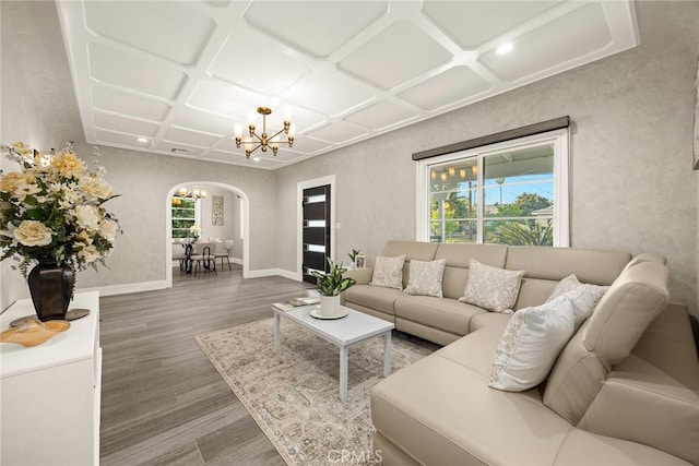 10210 Green St Unit 10210B, Temple City, CA 91780 - living room with a chandelier, coffered ceiling, wood finished floors, arched walkways, and recessed lighting