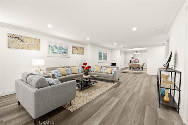 10210 Green St Unit 10210B, Temple City, CA 91780 - living room with crown molding, wood finished floors, recessed lighting, and a chandelier
