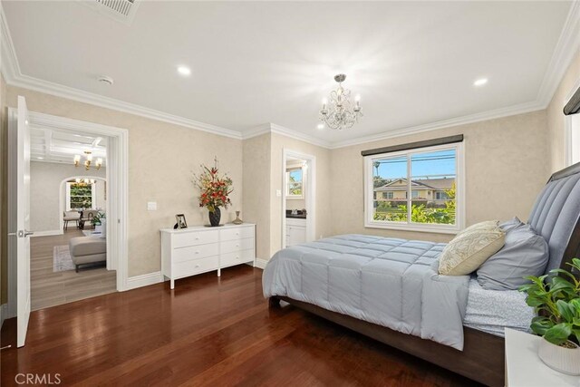 10210 Green St Unit 10210B, Temple City, CA 91780 - bedroom with a chandelier, dark wood-style floors, recessed lighting, and crown molding