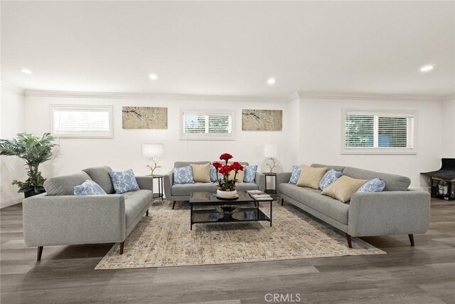 10210 Green St Unit 10210B, Temple City, CA 91780 - living area featuring wood finished floors, crown molding, plenty of natural light, and recessed lighting