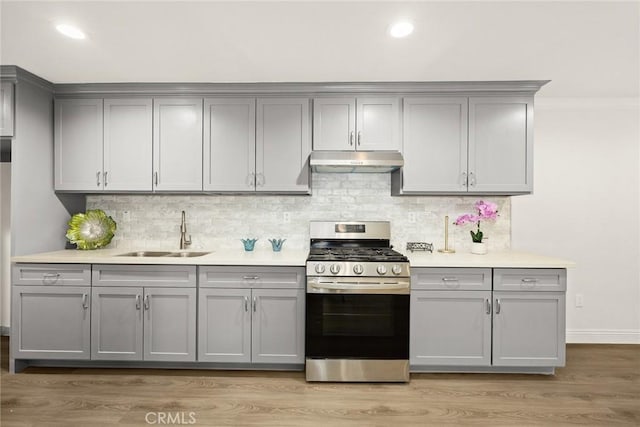 10210 Green St Unit 10210B, Temple City, CA 91780 - kitchen with stainless steel gas range, gray cabinetry, under cabinet range hood, and recessed lighting