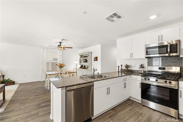 1943 Auger Pl, Hemet, CA 92545 - kitchen featuring stainless steel appliances, a peninsula, dark wood-style floors, a ceiling fan, and white cabinetry