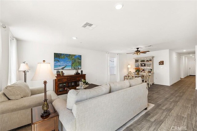 1943 Auger Pl, Hemet, CA 92545 - living room featuring ceiling fan, wood finished floors, and recessed lighting