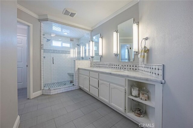 770 Warbler Ct, Merced, CA 95340 - bathroom with vanity, a stall shower, ornamental molding, and tile patterned floors