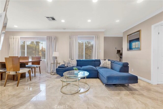 19119 Lemay St, Reseda, CA 91335 - living room featuring crown molding, plenty of natural light, recessed lighting, and light marble finish floors