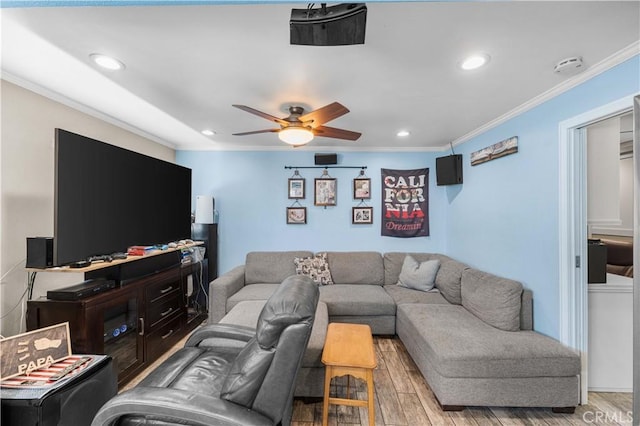 42545 30th St W, Lancaster, CA 93536 - living area with ornamental molding, light wood-style flooring, a ceiling fan, and recessed lighting