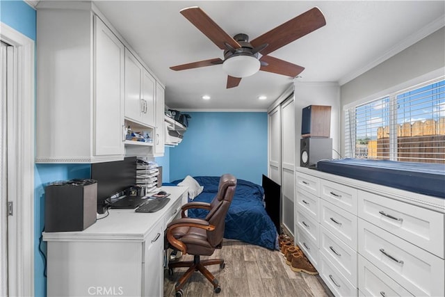 42545 30th St W, Lancaster, CA 93536 - office space featuring light wood-type flooring, ceiling fan, crown molding, and recessed lighting