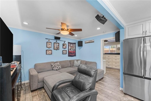 42545 30th St W, Lancaster, CA 93536 - living area with ceiling fan, crown molding, light wood-style floors, and recessed lighting
