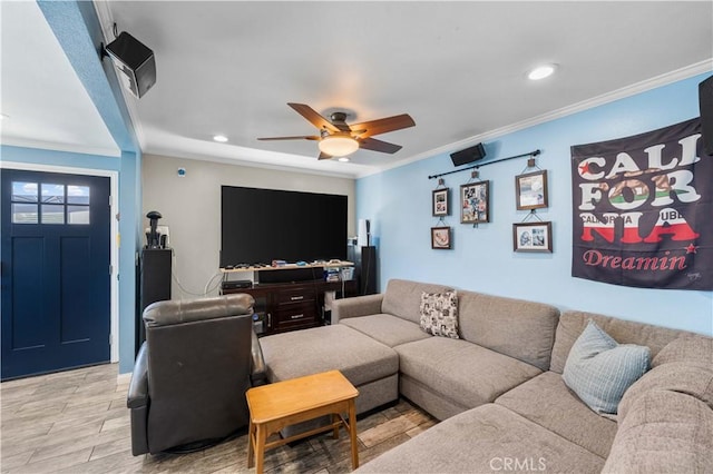 42545 30th St W, Lancaster, CA 93536 - living area featuring ornamental molding, ceiling fan, light wood finished floors, and recessed lighting