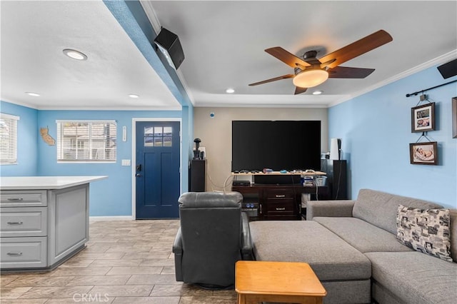 42545 30th St W, Lancaster, CA 93536 - living room with crown molding, healthy amount of natural light, recessed lighting, ceiling fan, and wood finish floors