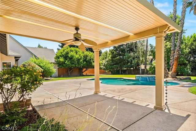 13962 Lindbergh Cir, Chico, CA 95973 - view of swimming pool featuring ceiling fan, a fenced backyard, and a patio area