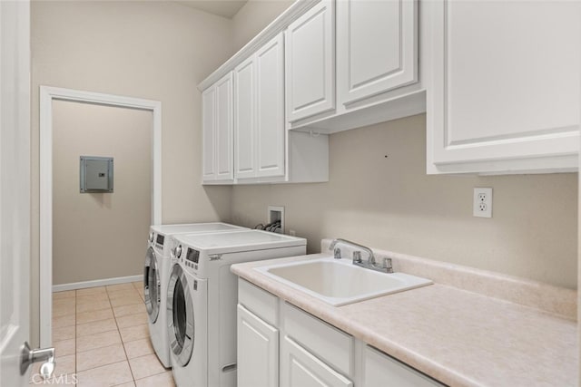 13962 Lindbergh Cir, Chico, CA 95973 - washroom with cabinet space, washing machine and clothes dryer, electric panel, and light tile patterned floors