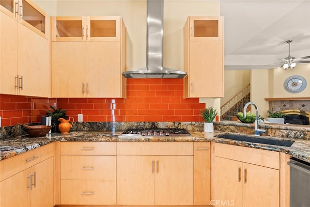 13962 Lindbergh Cir, Chico, CA 95973 - kitchen with wall chimney range hood, stainless steel appliances, light brown cabinetry, and dark stone countertops