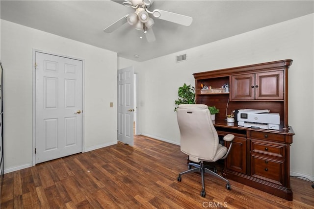21643 Masterson Ct, Saugus, CA 91350 - home office with dark wood-type flooring and ceiling fan