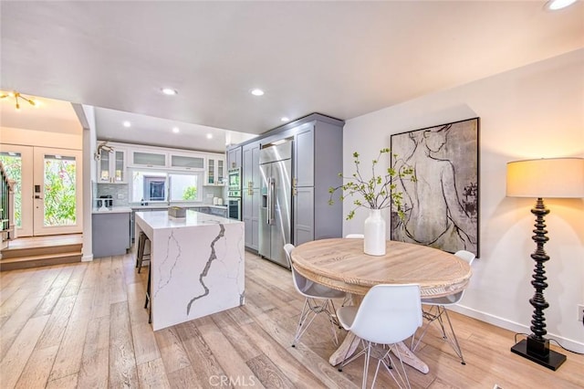 2008 Baja, Newport Beach, CA 92660 - kitchen with gray cabinetry, built in refrigerator, light wood-style floors, and recessed lighting