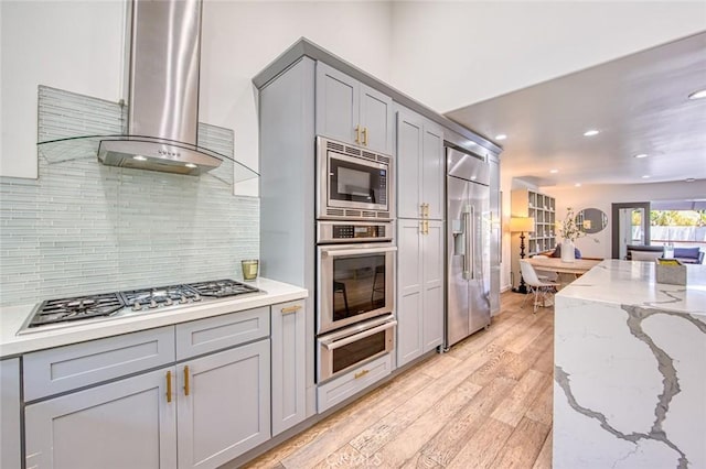 2008 Baja, Newport Beach, CA 92660 - kitchen featuring built in appliances, gray cabinetry, a warming drawer, extractor fan, and recessed lighting