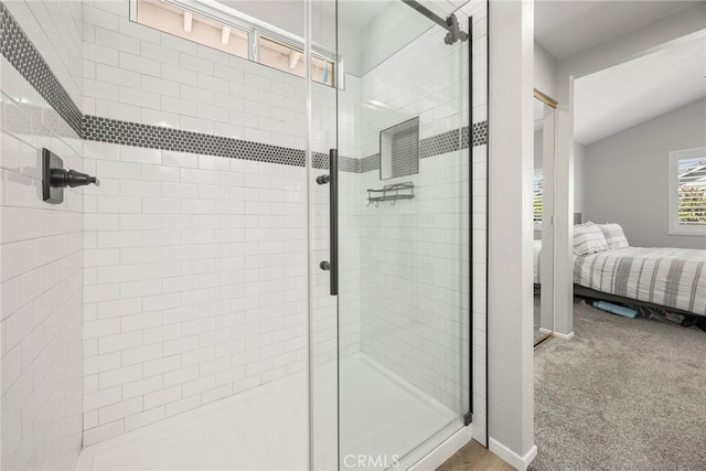 870 Clover Ln, Corona, CA 92878 - bathroom with ensuite bath, a shower stall, and lofted ceiling