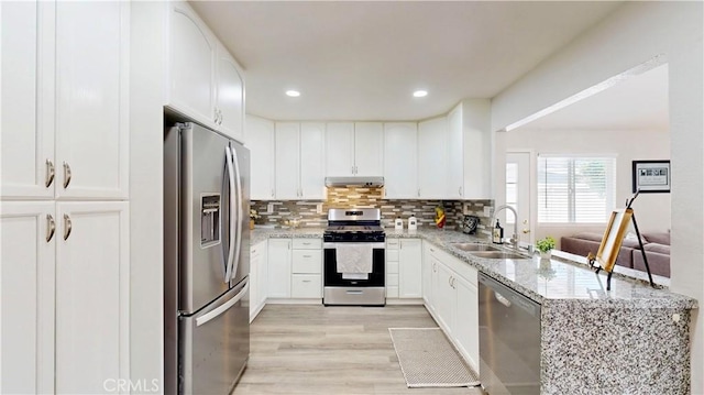 8007 New Salem St, San Diego, CA 92126 - kitchen with stainless steel appliances, under cabinet range hood, light wood-type flooring, a peninsula, and backsplash