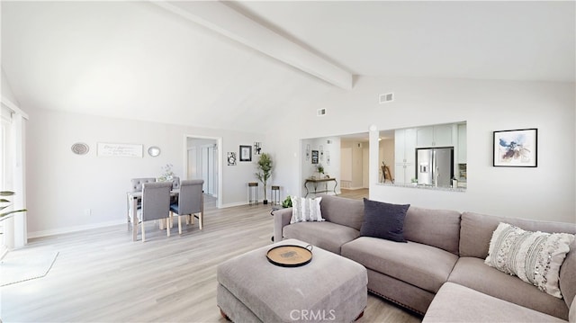 8007 New Salem St, San Diego, CA 92126 - living area with beamed ceiling, light wood-type flooring, and high vaulted ceiling