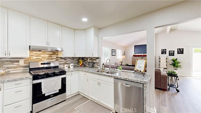 8007 New Salem St, San Diego, CA 92126 - kitchen featuring appliances with stainless steel finishes, under cabinet range hood, light wood-style flooring, tasteful backsplash, and recessed lighting
