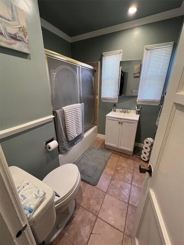 4552 Shasta Pl, El Monte, CA 91731 - bathroom featuring vanity, bath / shower combo with glass door, crown molding, and tile patterned floors