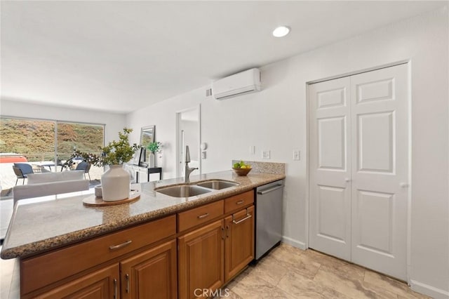 21981 Rimhurst Dr Unit 158, Lake Forest, CA 92630 - kitchen with dishwasher, a wall unit AC, brown cabinets, stone counters, and a peninsula