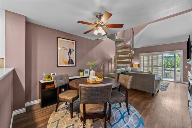 23957 Arroyo Park Dr Unit 146, Valencia, CA 91355 - dining room featuring stairs, ceiling fan, and hardwood / wood-style floors
