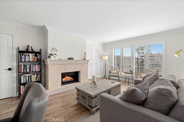 422 Cypress St, Laguna Beach, CA 92651 - living area featuring light wood-style flooring, ornamental molding, and a premium fireplace