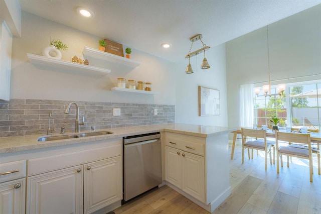 7083 Deerhurst Ct, San Diego, CA 92139 - kitchen featuring dishwasher, open shelves, white cabinets, a peninsula, and backsplash