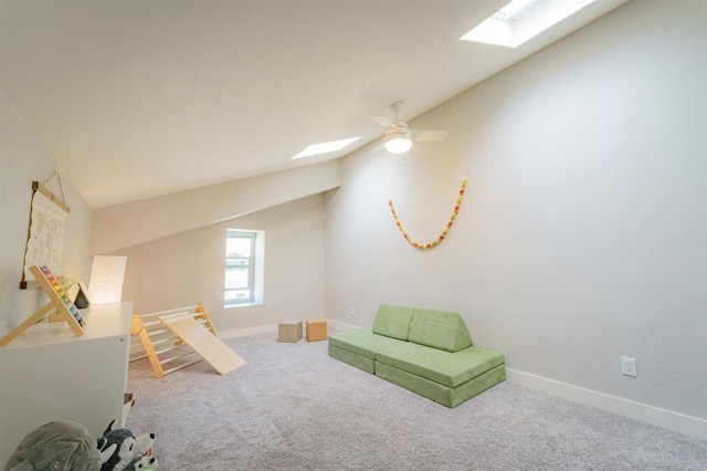 7083 Deerhurst Ct, San Diego, CA 92139 - playroom featuring a skylight, carpet, vaulted ceiling, and ceiling fan
