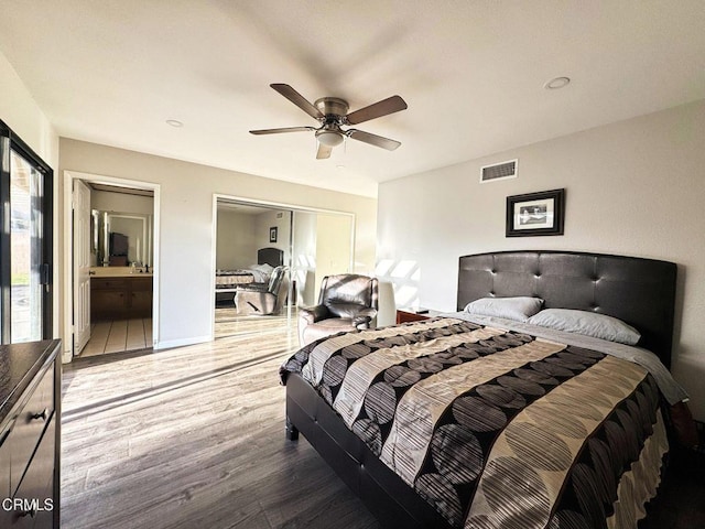 4275 Williams Ave, La Verne, CA 91750 - bedroom featuring wood finished floors, ceiling fan, a closet, and ensuite bath