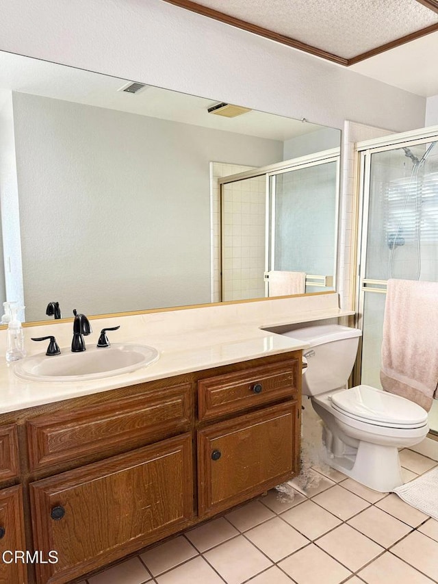 4275 Williams Ave, La Verne, CA 91750 - bathroom with vanity, a stall shower, tile patterned flooring, and a textured ceiling
